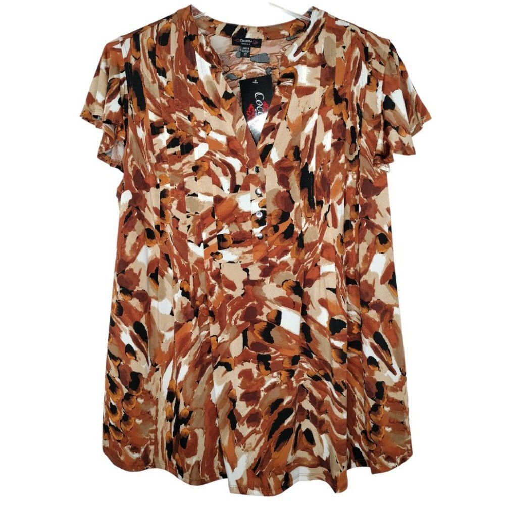 Cocomo Plus Size 2X Hues of Brown Geo Print Pintuck Short Flutter Sleeve Top